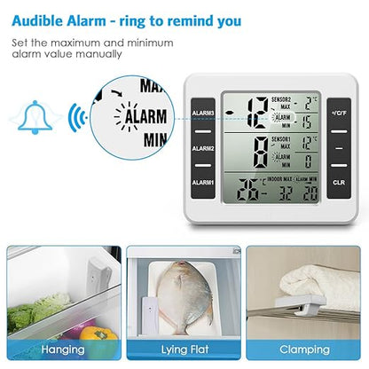 (UPGRADED) AMIR Refrigerator Thermometer, Wireless Indoor Outdoor Freezer Thermometer, Sensor Temperature Monitor with Audible Alarm Temperature Gauge for Kitchen, Freezer, Home (Battery not Included)