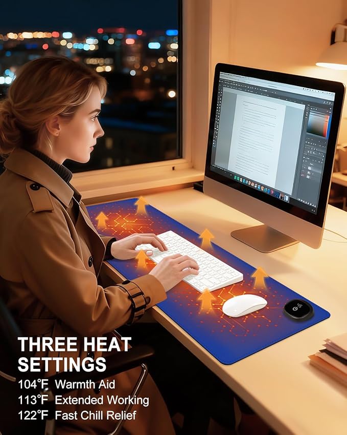 Heated Desk Pad, 31.5" x 13" Leather Non-Slip Warm Desk Pad, Large Mouse Mat with 3 Levels Heating & 3 Hours Auto Shut-Off, Hand and Foot Warmer for Office, Home, Navy Blue