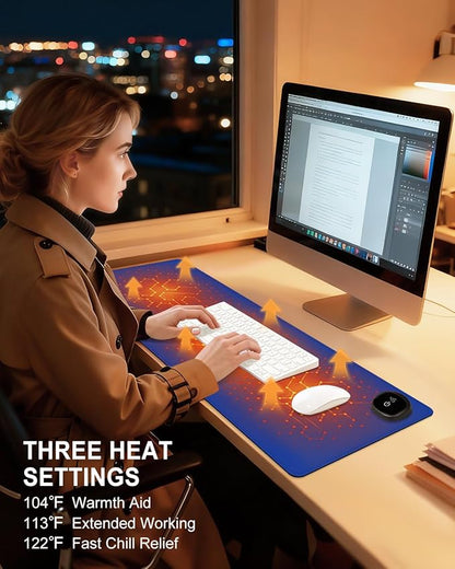 Heated Desk Pad, 31.5" x 13" Leather Non-Slip Warm Desk Pad, Large Mouse Mat with 3 Levels Heating & 3 Hours Auto Shut-Off, Hand and Foot Warmer for Office, Home, Navy Blue