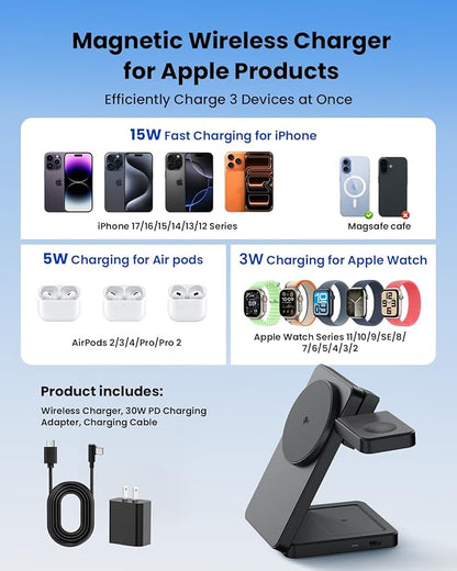 Magnetic Wireless Charger Stand for iPhone: CIYOYO Qi2 15W Max 3-in-1 Fast Charging Station, Foldable Wireless Charger for iPhone 17 16 15 14 13 12 Series, Apple Watch & AirPods, Portable Travel Dock