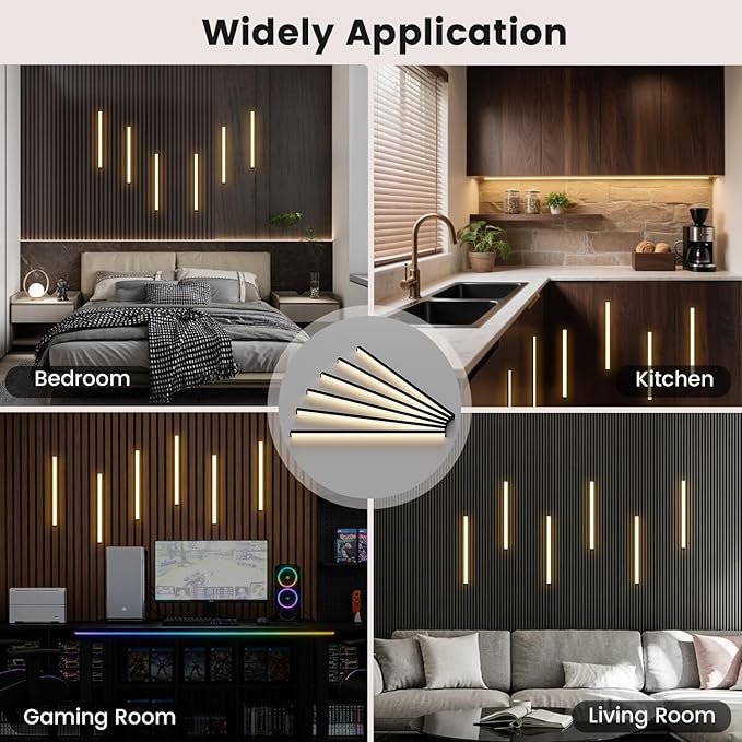 Wall Led Lights - GloryAir 6pcs Black 3000K Warm White Led Panel Light Strips, Self-Adhesive Dimmable Touch Switch Wall Slat Lights for Wood Slat, Fluted Panel, Bedroom Headboard
