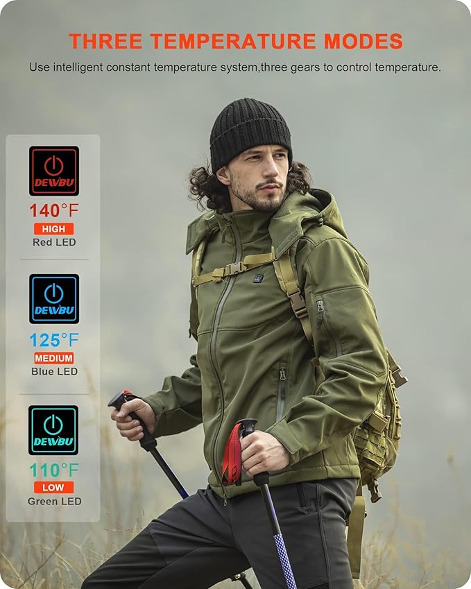DEWBU Soft Shell Heated Jacket for Men with 12V Battery Pack and Detachable Hood Outdoor Electric Heating Coat