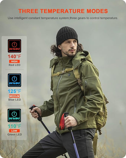 DEWBU Soft Shell Heated Jacket for Men with 12V Battery Pack and Detachable Hood Outdoor Electric Heating Coat