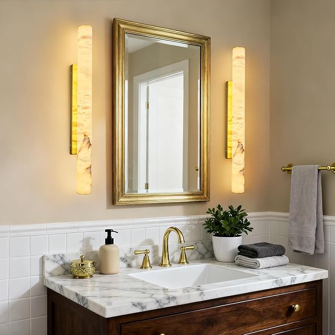 LMQNINE Natural Alabaster Wall Sconces Spanish Marble Wall Light Cylinder Modern Gold LED Sconce for Living Room Bedroom Bathroom Stairs（L-1Pack）