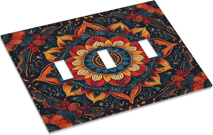 Light Switch Covers Boho Colorful Mandala 3 Gang Wall Plates Triple Toggle Outlet Cover Decorative Switchplates Electrical Panel Cover for Kitchen Living Room 4.8 X 6.7 IN