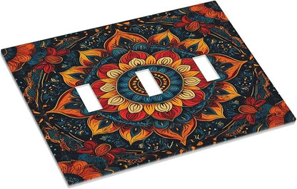 Light Switch Covers Boho Colorful Mandala 3 Gang Wall Plates Triple Toggle Outlet Cover Decorative Switchplates Electrical Panel Cover for Kitchen Living Room 4.8 X 6.7 IN