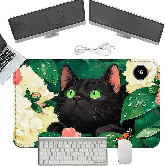 Heated Mouse Pad with 3 Temperature Settings(104°F–122°F),Large 24x14.2 Inch PU Leather Heated Desk Mat,Waterproof Warming Pad for Office,Gaming & Cold Hands Relief,Flower Black Cat Art