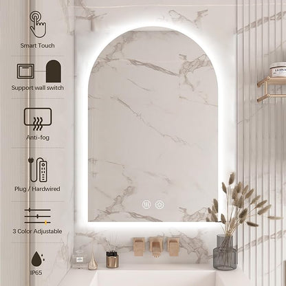 Niccy Arched LED Bathroom Mirror, 36x24 Inch Arch Frameless Backlit Mirrors for Wall Arched Lighted Vanity Mirrors Defogger and 3 Color, Explosion-Proof, HD Glass and IP65 Waterproof