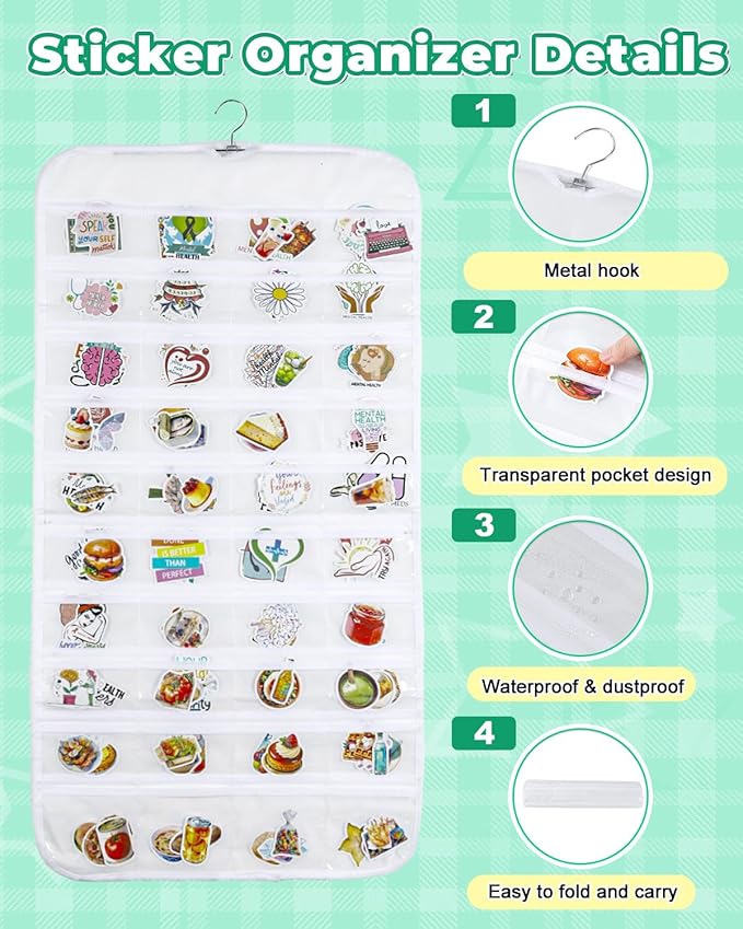 UCEC 2Pack Hanging Sticker Display Stand Double-Sided 80 Pocket Hanging Sticker Holder Organizer with Transparent Pockets, Portable Sticker Store for Classroom, Vendors, and Jewelry Organizer (White)