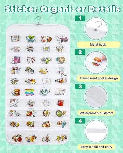 UCEC 2Pack Hanging Sticker Display Stand Double-Sided 80 Pocket Hanging Sticker Holder Organizer with Transparent Pockets, Portable Sticker Store for Classroom, Vendors, and Jewelry Organizer (White)
