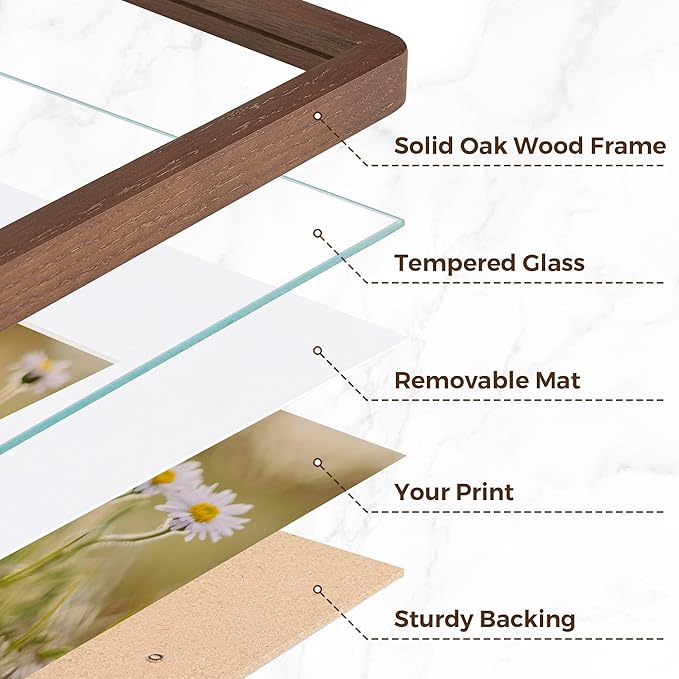 8x10 Picture Frame, Rustic 8 by 10 Photo Frame for Wall & Tabletop Display - Solid Oak Wood & Tempered Glass, 8x10 Picture Frame Matted to 5x7, Wood Collage Frames for Home, Walnut Color, 3 Pack