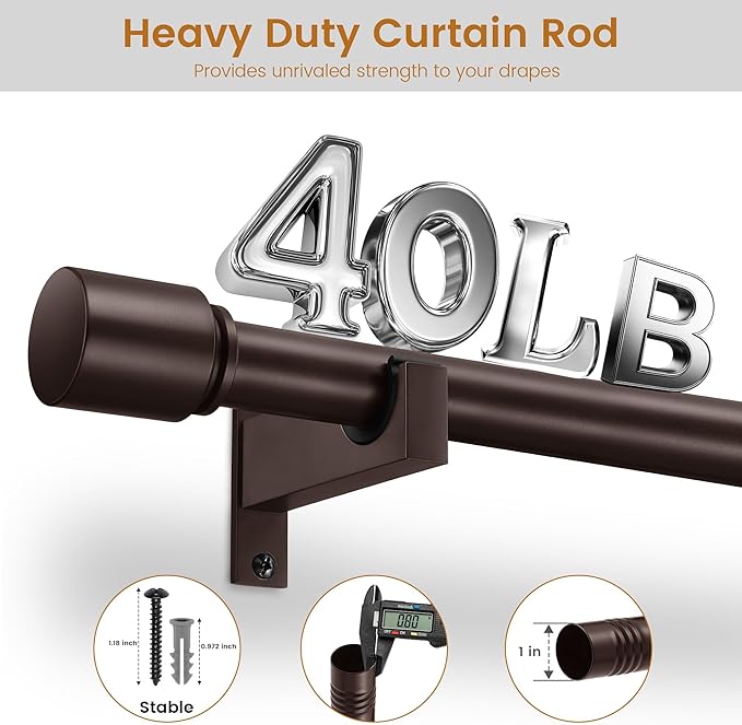 Bronze Aluminium Curtain Rods for Windows,1 Inch Adjustable Curtain Rod 32-45,Heavy Duty Drapery Rods with Thicken Bracket,Decorative Modern Single Rod with Aluminium Finials