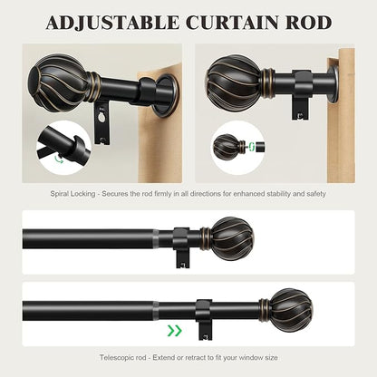 Oneach Black Curtain Rods for Windows 66 to 120 Inch, 7/8" Adjustable Heavy Duty Decorative Drapery Rods with Round Netted Texture Finials (Pack of 1, 36 to 120 Inch)