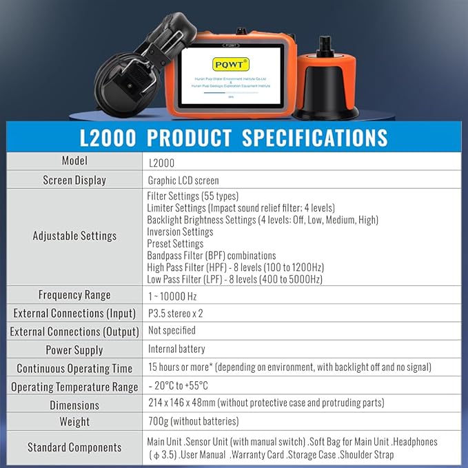 PQWT L2000 Underground Water Leak Detectors for Outdoor Wall Water Pipe Detector Machine Middle Sensor Acoustic Pipeline Leakage Detection Kit Noise Reduction Headphone Smart Touchscreen Carry Case