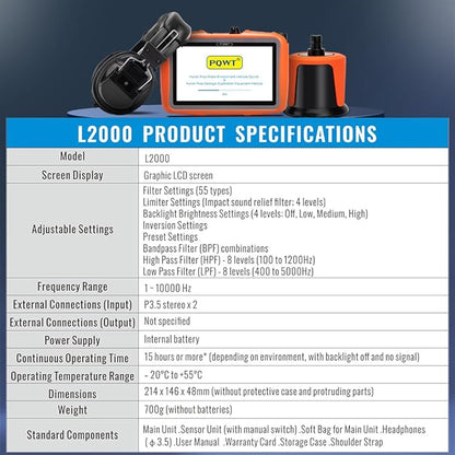PQWT L2000 Underground Water Leak Detectors for Outdoor Wall Water Pipe Detector Machine Middle Sensor Acoustic Pipeline Leakage Detection Kit Noise Reduction Headphone Smart Touchscreen Carry Case