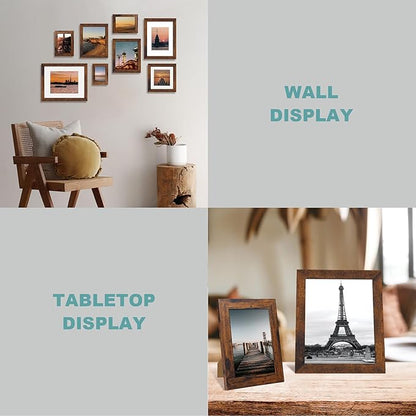 iRahmen 9x12 Picture Frame Set of 4 with Tempered Glass, Wooden Rustic Frame Display 6x8 Pictures with Mat or 9 x 12 Without Mat, Photo Frame for Wall Mount and Tabletop Display