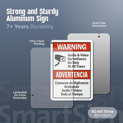 SmartSign "Warning - Audio & Video Surveillance On Duty At All Times" Bilingual Sign | 7" x 10" Aluminum