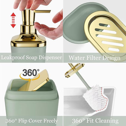 Bathroom Set - Sage Green Bathroom Accessories Set, Bathroom Sets with Shower Curtain and Rugs, Sage Green Shower Curtain Set with Bathroom Trash Can, Soap Dispenser, Soap Dish for Home Decor