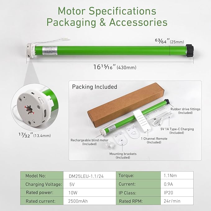 5V USB-C Tubular Motor Blinds Kit Retrofit Motorized Roller Blind with Remote Control, Rechargeable Smart Blinds for Windows