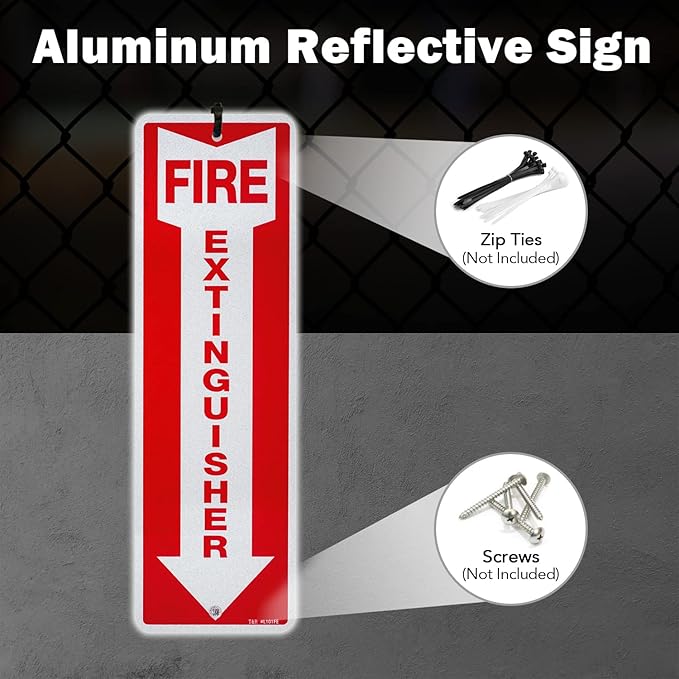 T&R Metal Fire Extinguisher Sign - 2 Pack - 12"x4" .040 Rust Free Heavy Aluminum, Reflective, Waterproof, Weatherproof and Fade Resistant, 2 pre-drilled holes, Easy to Install Indoors and Outdoors