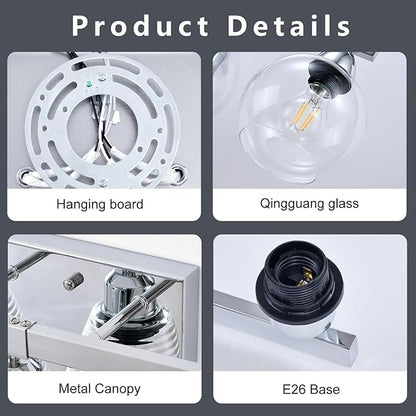 5-Light Bathroom Light Fixtures, Silver Vanity Light with Ultra-Clear Hand-Blown Glass, Durable & Elegant, Wall Lamp for Mirror, Bedroom, Kitchen