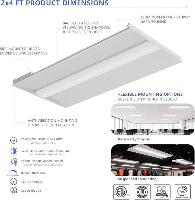 40 Pack 2x4 LED Troffer Light,25W/30W/35W/40W/50W & 3000K/3500K/4000K/5000K Selectable,6500LM 0-10V Dimmable,ETL DLC Listed,100-277V,for Office & Warehouse