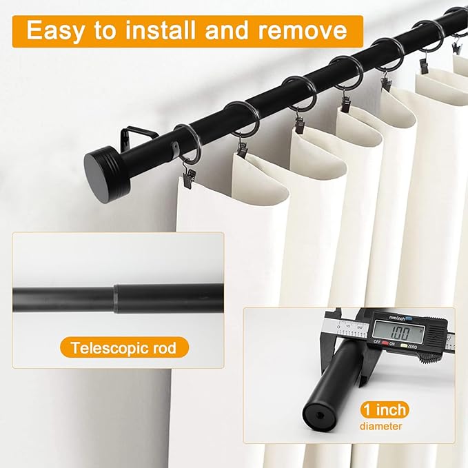 Black Curtain Rod for Windows 18 to 144 Inches, 1 Inch Adjustable Drapery Pole, Heavy Duty Outdoor/Indoor Modern Curtain Rods, Easy Installation(Black 18"-144")