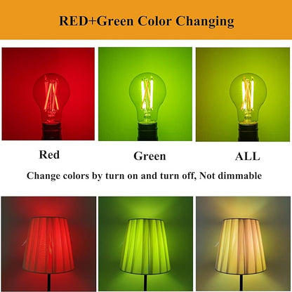 3 Color Temperature LED Bulb E26 Medium Base 60W Equivalent, Red and Green Color Changing Light Bulb 3CCT A19 LED 6W Clear Glass, Not Dimmable, 2 Pack
