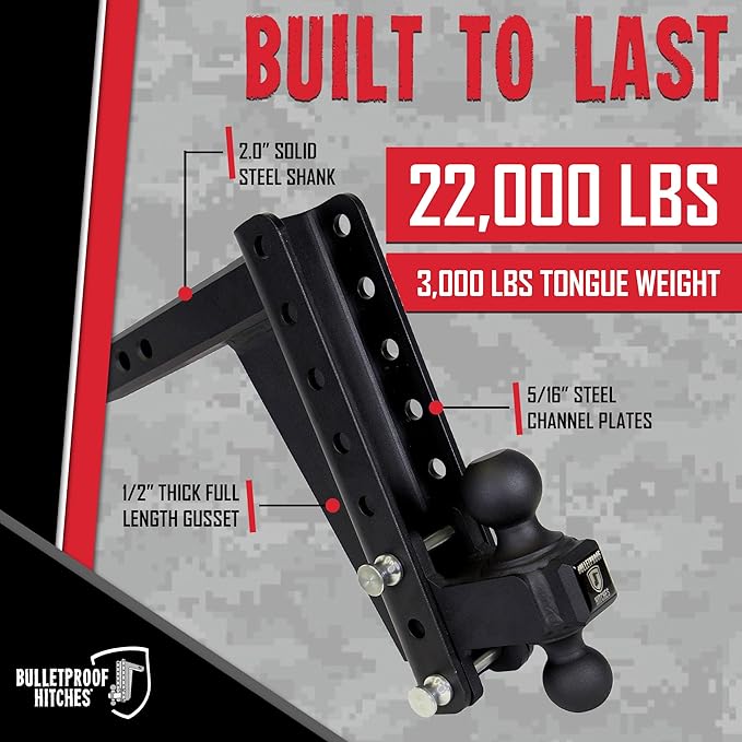 BulletProof Hitches - 2.0" Adjustable Heavy Duty Trailer Hitch (22,000 lb. Rating) - 10" Drop/Rise Trailer Hitch with 2" & 2-5/16" Dual Ball - Powder Coat, Solid Steel, Corrosion-Resistant