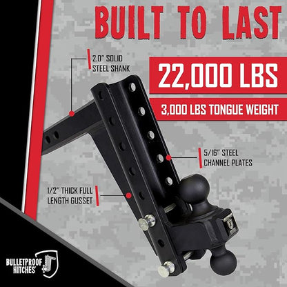 BulletProof Hitches - 2.0" Adjustable Heavy Duty Trailer Hitch (22,000 lb. Rating) - 10" Drop/Rise Trailer Hitch with 2" & 2-5/16" Dual Ball - Powder Coat, Solid Steel, Corrosion-Resistant