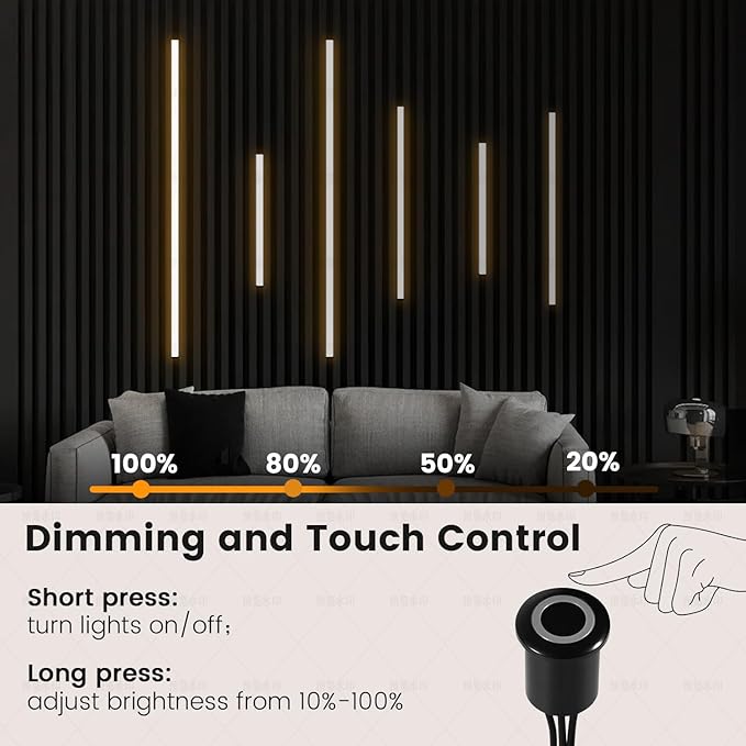 Slat Wall Lights - GloryAir 6pcs Black Adhesive Wall Panel Lights for Interior Wall Decor, Warm White 3000K Touchable Switch LED Lamp for Wood Slat Acoustic Panels, Headboard, Stairway, Home Decor