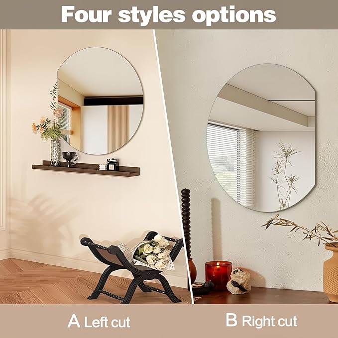 Half Moon Bathroom Mirror 24", Modern Frameless Wall Mirror, Hanging Decorative Vanity Mirror, Minimalist Explosion Proof Semi Circle Mirror for Living Room Bedroom Entryway, Down Cut