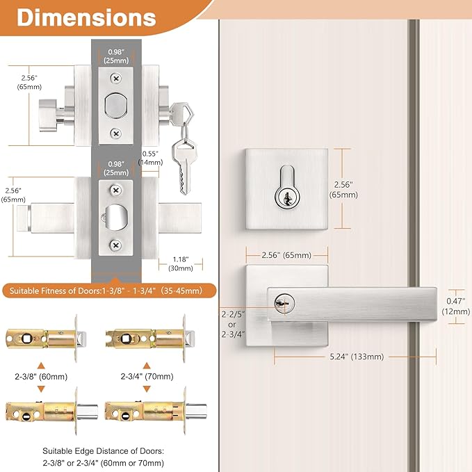 Probrico Square Entry Levers and Single Cylinder Deadbolts Combo Pack, Satin Nickel Keyed Alike Heavy Duty Keyed Entry Handles Locksets Reversible for Right and Left Side, 2 Pack(All Same Keys)