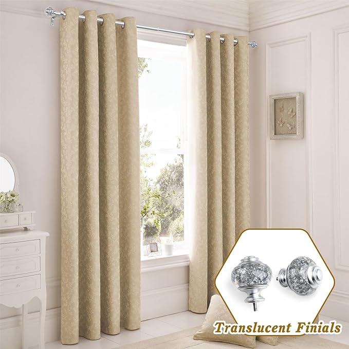 1 Inch Silver Curtain Rods for Windows 140 to 195 Inches (6 to 12 ft), Telescoping Single Drapery Rod, USFOOK Decorative Curtain Rod with Translucent Finials