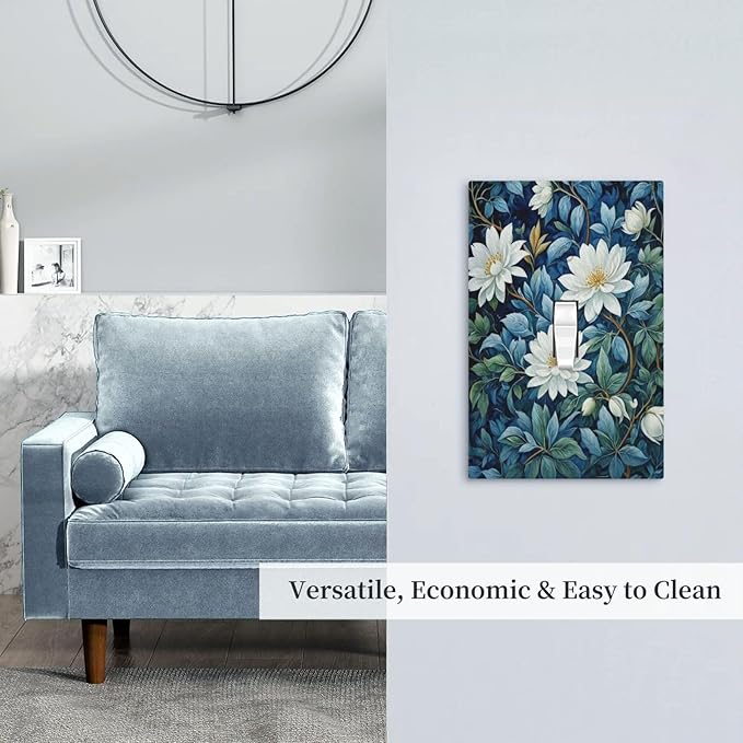 White Flowers Green Leaves Light Switch Covers 1 Gang Single Toggle Wall Plate Decorative Switchcover Electrical Switchplate for Country Living Decor
