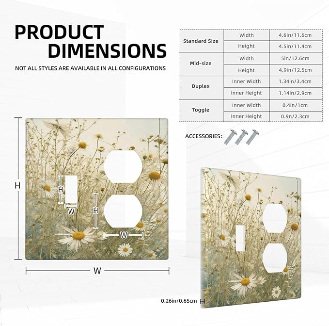 White Wildflowers Daisy Vintage Floral Wallplates 1 Toggle 1 Duplex Switch Plate Electrical GFCI Faceplate Decorative Light Switch Covers for Bed Room Living Room Decor