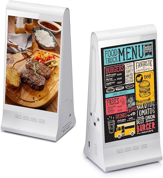 Digital Signage Display for Tabletop ,Interactive Digital Signage with Double 8 inch LCD Touch Screen and WIFI Connected,Rechargeable 23200mAh Battery,Portable Advertising Kiosk for Restaurants,Bar, Hotel ,Cafe (White)