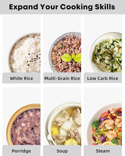 Novaspark Low Carb Rice Cooker Stainless Steel Inner Pot, Mini Stainless Steel Rice Cooker Small 5 Cup, LED Display Low Sugar Rice Maker, 24H Timer and Auto Keep Warm, White Rice/Porridge/Oatmeal, White