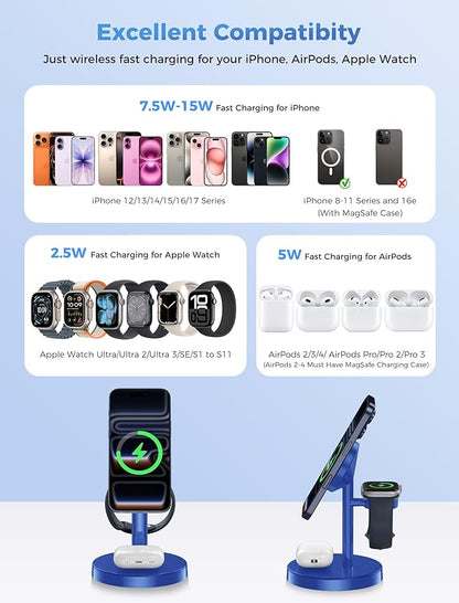 2025 3 in 1 Wireless Charging Station Compatible with MagSafe, 15W Fast Magnetic Mag-Safe Charger Stand for Apple iPhone 17 16 15 14 13 12 iWatch AirPods Pro 4 3 2, Blue