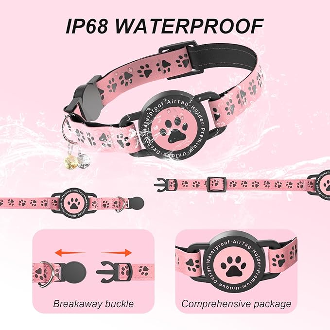 GPS Tracker for Cats, Waterproof GPS Cat Trackers Cats Collar with Bells, No Subscription, GPS Cat Collar, Adapt with Apple Find My (iOS Only) Finder Tag for items Pets Christmas Gift (PINK)