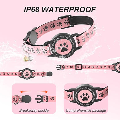 GPS Tracker for Cats, Waterproof GPS Cat Trackers Cats Collar with Bells, No Subscription, GPS Cat Collar, Adapt with Apple Find My (iOS Only) Finder Tag for items Pets Christmas Gift (PINK)