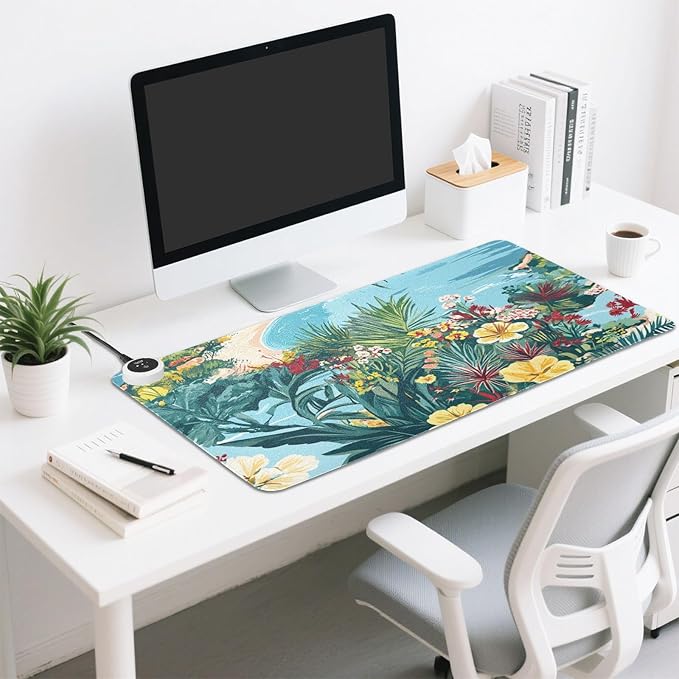 Heated Desk Pad Mouse Pad 31.5x13 Inch PU Leather Desk Mat with 3 Heat Levels Large Mouse Gaming Computer Laptop Mat Coastline Hibiscus