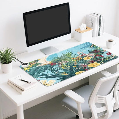 Heated Desk Pad Mouse Pad 31.5x13 Inch PU Leather Desk Mat with 3 Heat Levels Large Mouse Gaming Computer Laptop Mat Coastline Hibiscus