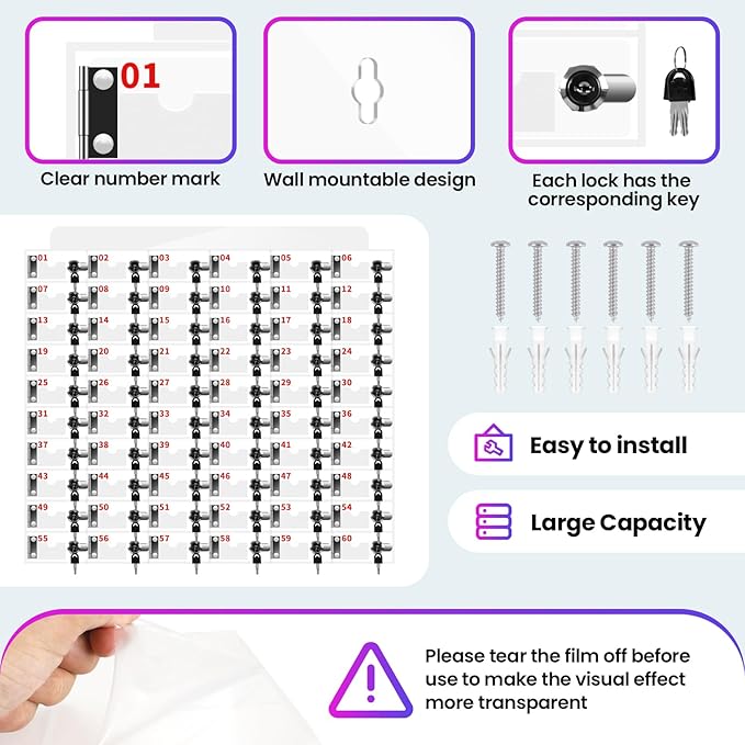 60 Slots Cell Phone Locker Box, Clear Phone Storage, Acrylic Cell Phone Lock Box with Door Locks and Keys, Wall Mounted Cell Phones Cabinet for Office School Classroom Factory