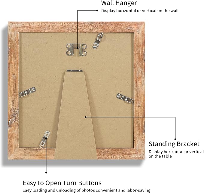 iRahmen 8x8 Picture Frame with HD Tempered Glass, Display Pictures 6x6 with Mat or 8 x 8 Without Mat, Wood Photo Frame for Tabletop and Wall (Rustic Brown, 1 Pack)