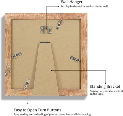 iRahmen 8x8 Picture Frame with HD Tempered Glass, Display Pictures 6x6 with Mat or 8 x 8 Without Mat, Wood Photo Frame for Tabletop and Wall (Rustic Brown, 1 Pack)