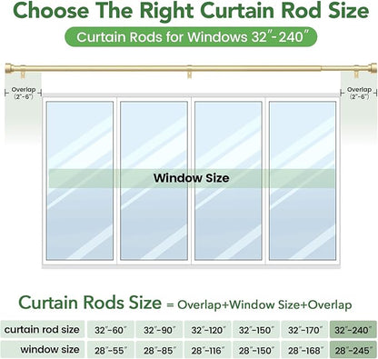 Curtain Rods for Windows 32 to 240, 1 Inch Adjustable Gold Heavy Duty Long Window Curtain Rod, Modern Outdoor Drapery Rods with Simple End Caps, Size 32"-240"