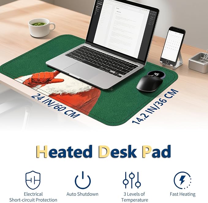 Heated Mouse Pad with 3 Temperature Settings(104°F–122°F),Large 24x14.2 Inch PU Leather Heated Desk Mat,Waterproof Warming Pad for Office,Gaming & Cold Hands Relief,Santa Christmas