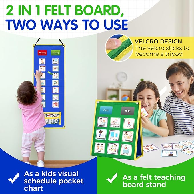 KIKIGOAL Kids Visual Schedule Calendar Chart, Double Side Autism Daily Chore Routine Chart with 113 Cards Autism Learning Materials Kids Visual Behavioral Tool Wall Planner for Home School