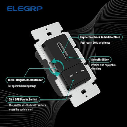 ELEGRP Slide Dimmer Switch for Dimmable LED, CFL and Incandescent Light Lamp Bulbs, Single Pole or 3-Way, Full Control with Preset, Rocker Paddle, Wall Plate Included, UL Listed (2 Pack, Matte Black)